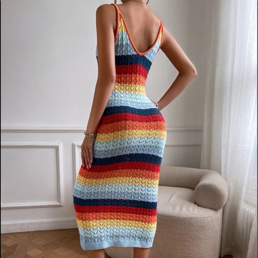 Boho Rainbow Color Block Knit Cami Crochet Maxi Dress WITHOUT BELT - Picture 6 of 9